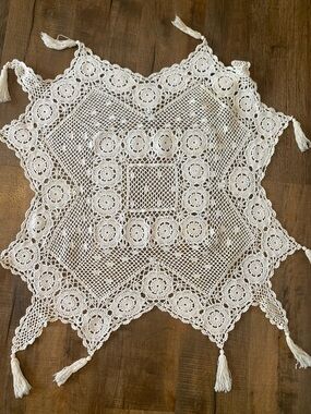 Vintage Crochet Table Topper with Tassel Accents